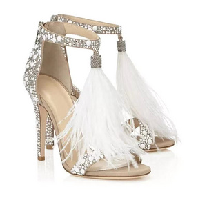 Ostrich feather tassel saddle, Women's Wedding Dress Party & Evening Stiletto Heel Pearl Tassel White Color Feather Shoes