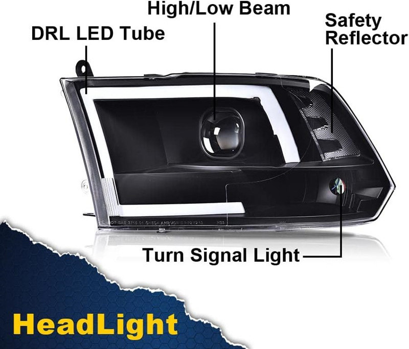 02HLA3715BBK Head Lamp For 2009-2018 Ram 1500 2500 3500 Black LED Tube Projector Headlight