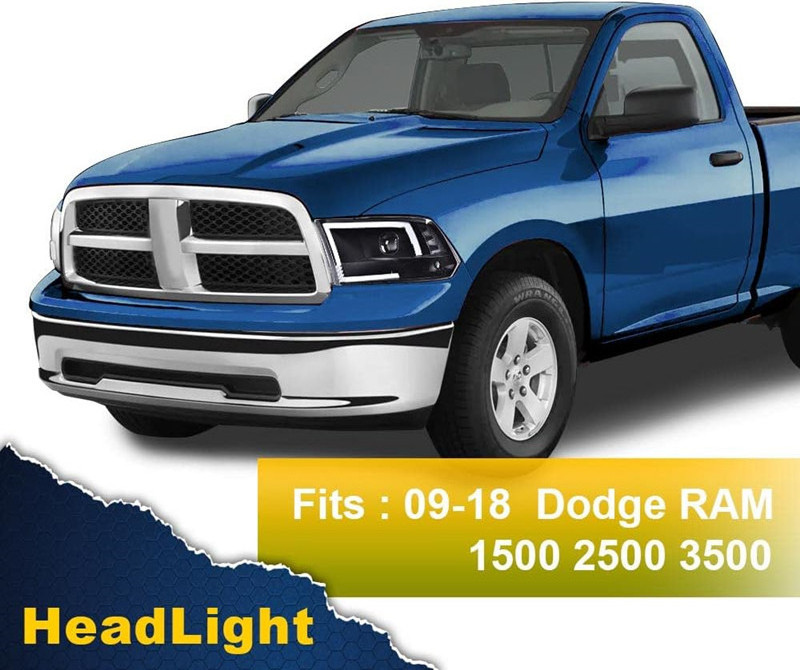 02HLA3715BBK Head Lamp For 2009-2018 Ram 1500 2500 3500 Black LED Tube Projector Headlight