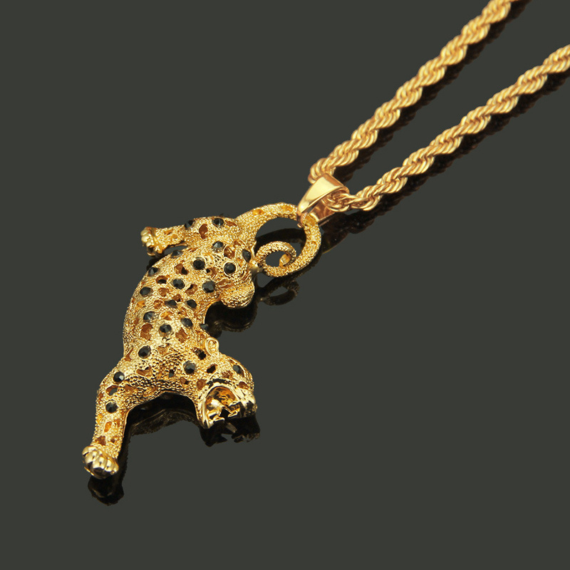 Hiphop Fancy Women Red Crystal Rhinestone 24K Gold Necklace Animal 3D Cheetah Charm Pendant Diamond Leopard Necklace