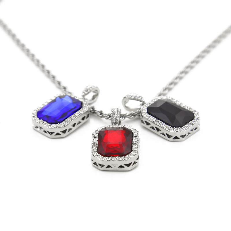 Hiphop Jewelry Multi Color Fake Diamond Red Gemstone Necklace Gold Twist Chain Rectangle Crystal Stone Ruby Necklace