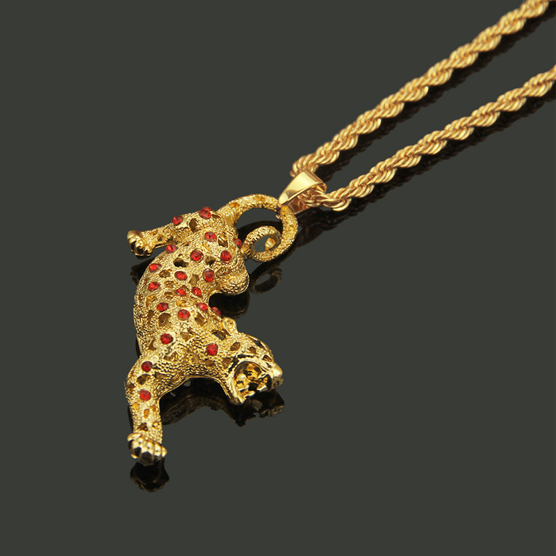 Hiphop Fancy Women Red Crystal Rhinestone 24K Gold Necklace Animal 3D Cheetah Charm Pendant Diamond Leopard Necklace