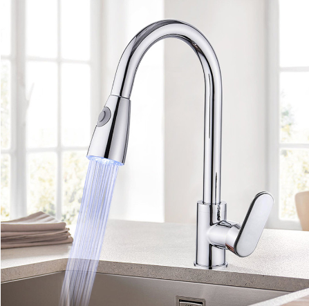 Led brass kitchen pull out faucet 3 colors changed at different temperature