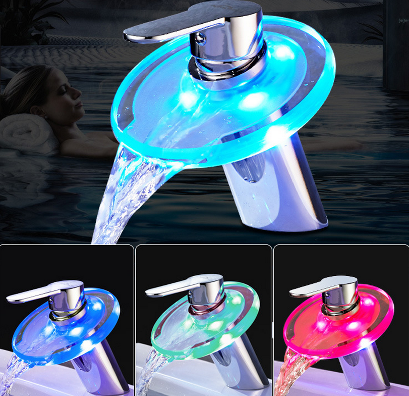 wenzhou feenice led glass waterfall rainfall faucet metal faucet 3 colors change by temperature