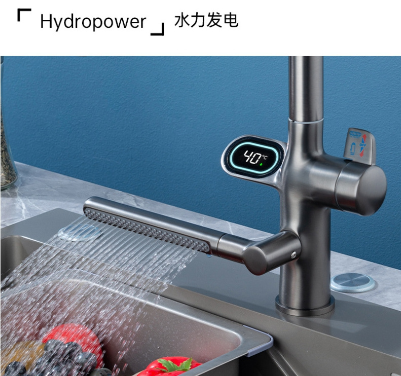 Feenice hydropower Matt gun metal gray brass rainfall kitchen sink faucet with intelligent smart digital temperature display