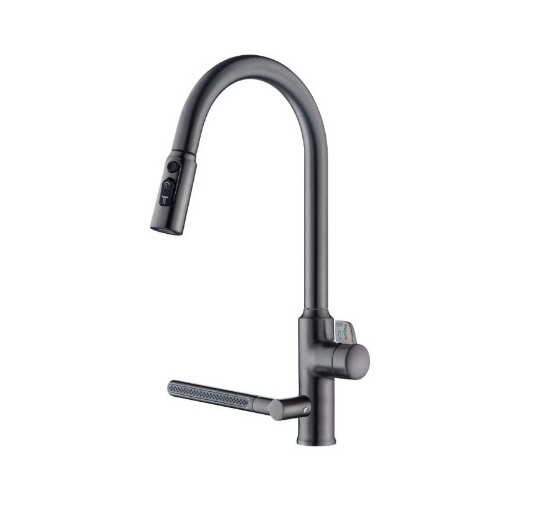 Feenice hydropower Matt gun metal gray brass rainfall kitchen sink faucet with intelligent smart digital temperature display