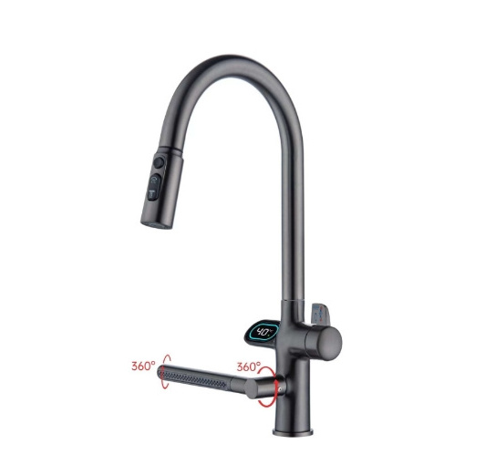 Feenice hydropower Matt gun metal gray brass rainfall kitchen sink faucet with intelligent smart digital temperature display