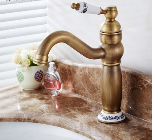 Factory supplier bathroom sink tap deck mounted brass vintage old effect single handle hot and cold wash hand basin faucet