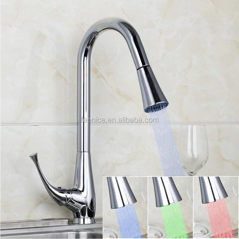 Led brass kitchen pull out faucet 3 colors changed at different temperature