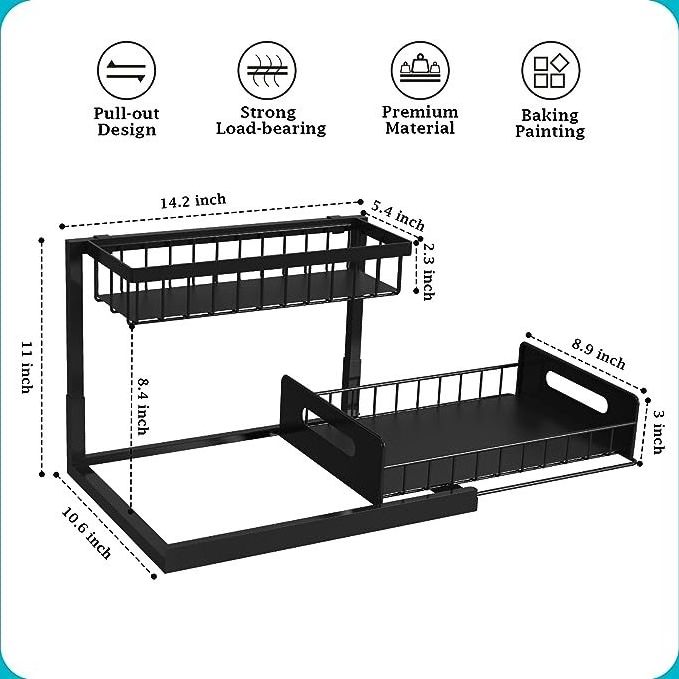 Pull Out Cabinet Organizer 2 Tier Slide Out Sink Shelf Cabinet Storage Shelves, for Kitchen or Bathroom Cabinet