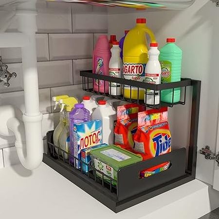 Pull Out Cabinet Organizer 2 Tier Slide Out Sink Shelf Cabinet Storage Shelves, for Kitchen or Bathroom Cabinet