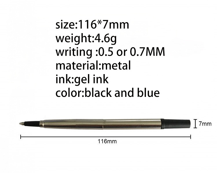 0.5MM bead 11.6 cm long big volume metal replaceable roller pen refills of PARKER neutral ink pen with blister card