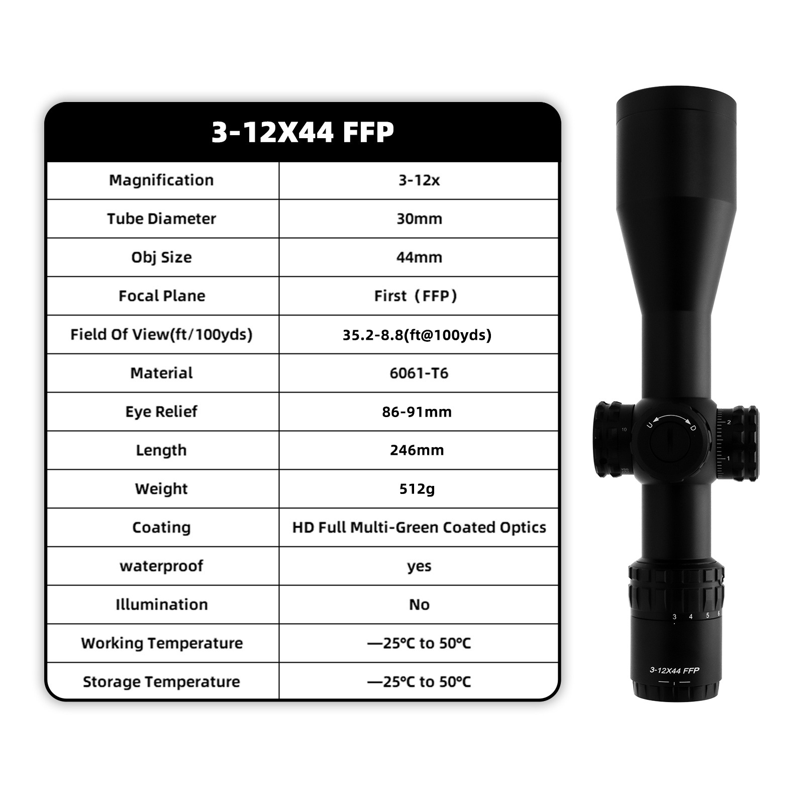 Best selling 3-12X44 First Focal Plane Hunting sight smart Monocular Scope Fog proof Shockproof Optical Hunting scope