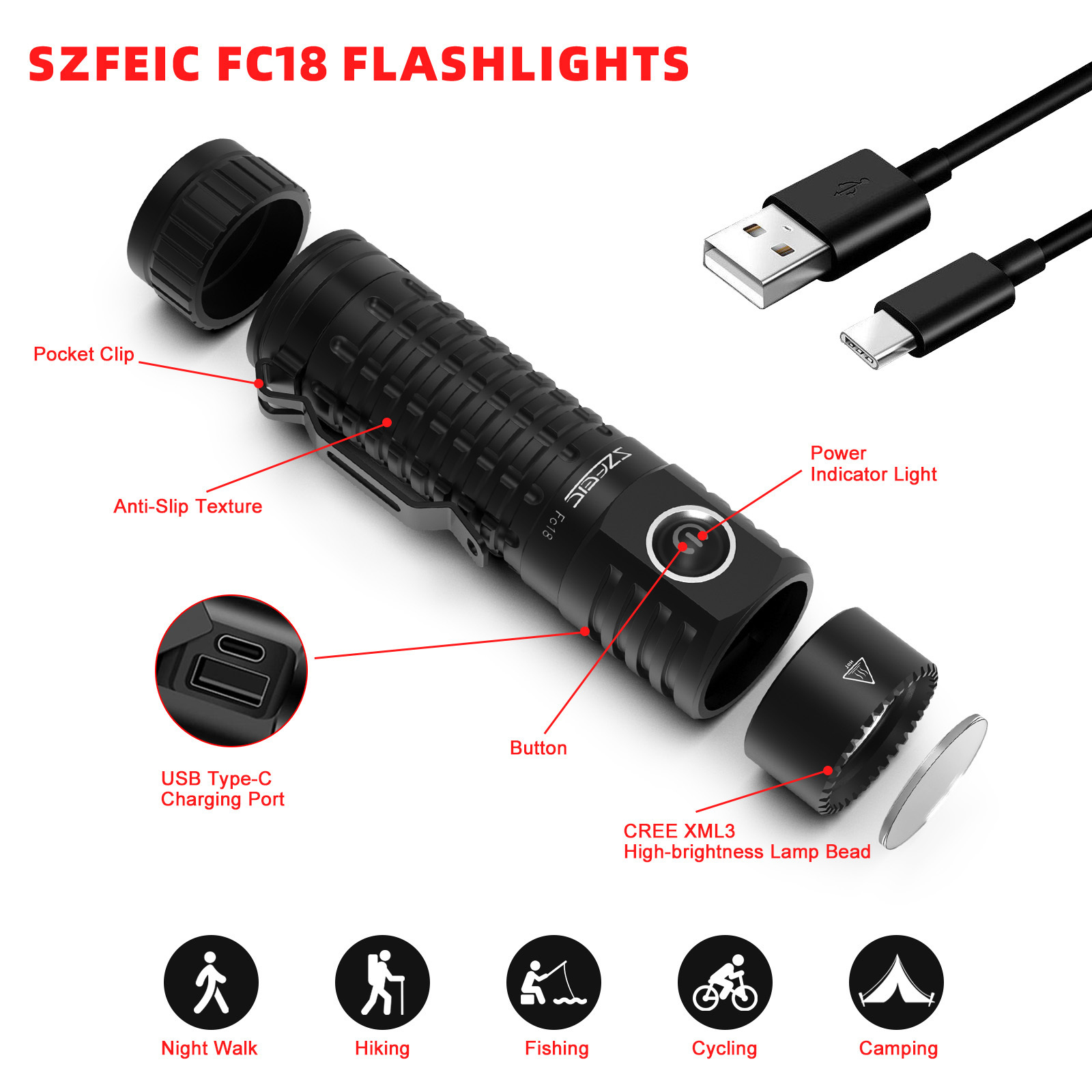 High quality 6061 aircraft aluminium alloy FC18 Rechargeable 21700 Battery 2000LM pocket mini led torch pen flashlight with clip