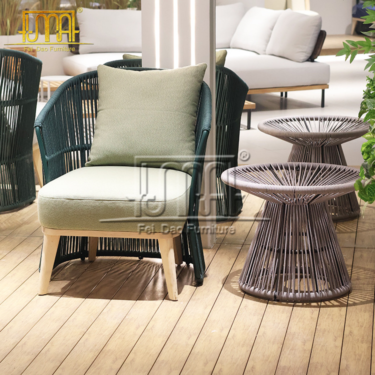 Outdoor furniture woven rope  modern teak wood leg garden chair  with ottoman