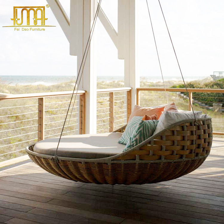 Outdoor Swing Bed Hanging Daybed Porch Rope Wicker Rattan Round Hanging Bed