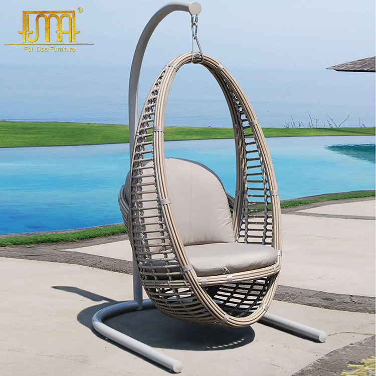 Patio furniture oval sitting single balcony thick rattan hanging pod chair for adults