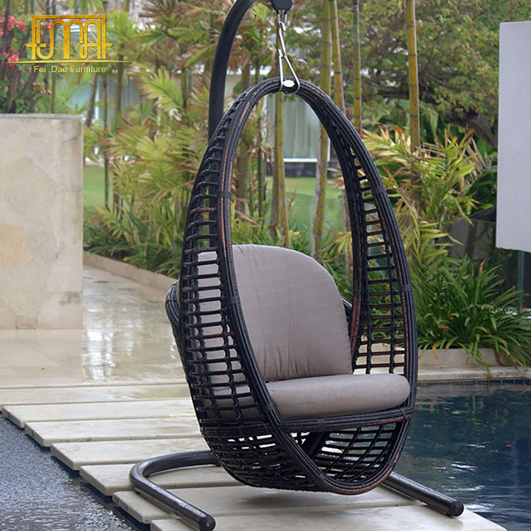 Patio furniture oval sitting single balcony thick rattan hanging pod chair for adults