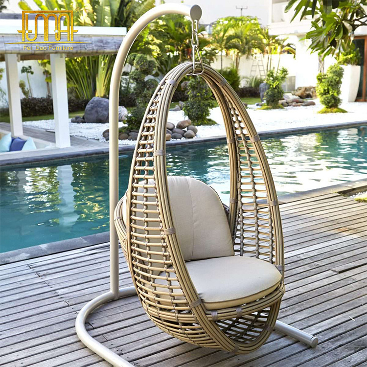 Patio furniture oval sitting single balcony thick rattan hanging pod chair for adults