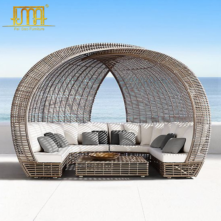 European style outdoor furniture wicker unique round shape sofa with canopy