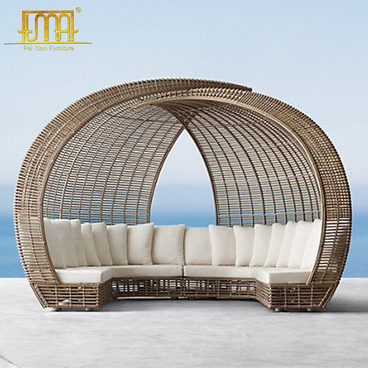 European style outdoor furniture wicker unique round shape sofa with canopy