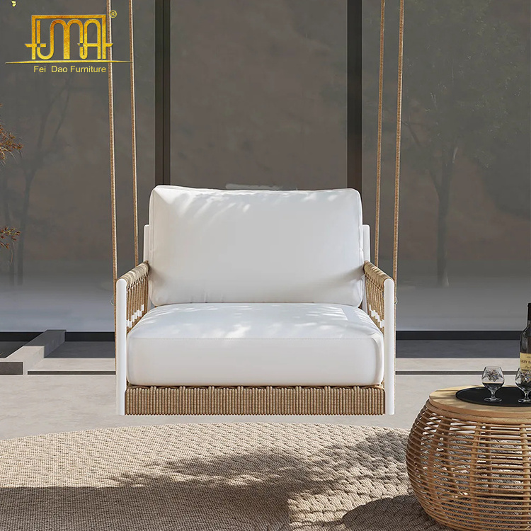 Woven Rope Outside Patio Swing Sofa Arm Chair with White Cushion