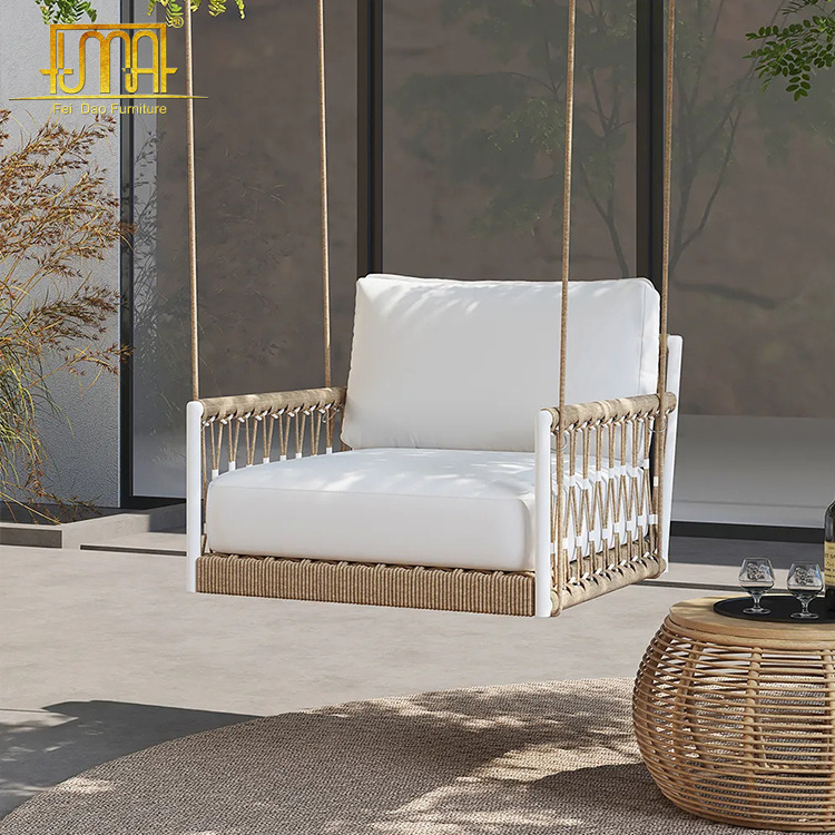 Woven Rope Outside Patio Swing Sofa Arm Chair with White Cushion