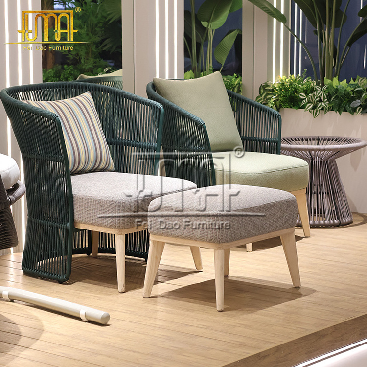 Outdoor furniture woven rope  modern teak wood leg garden chair  with ottoman