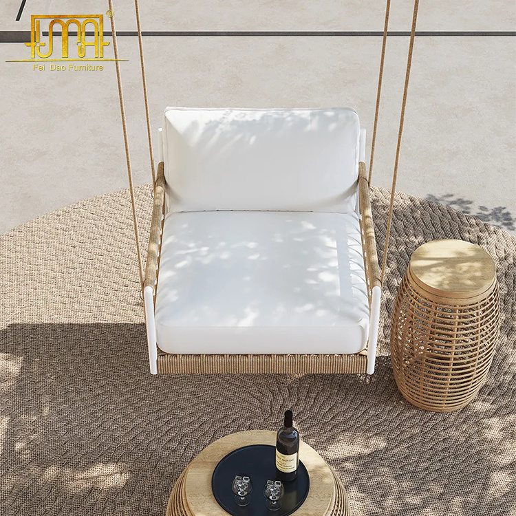 Woven Rope Outside Patio Swing Sofa Arm Chair with White Cushion