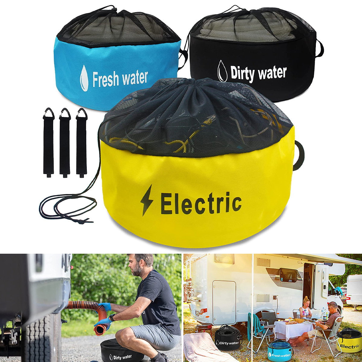 3pcs Waterproof Car Bags Camper RV Hose Storage Organizer car Accessories Foldable RV Water Hoses Electrical Cords Bags