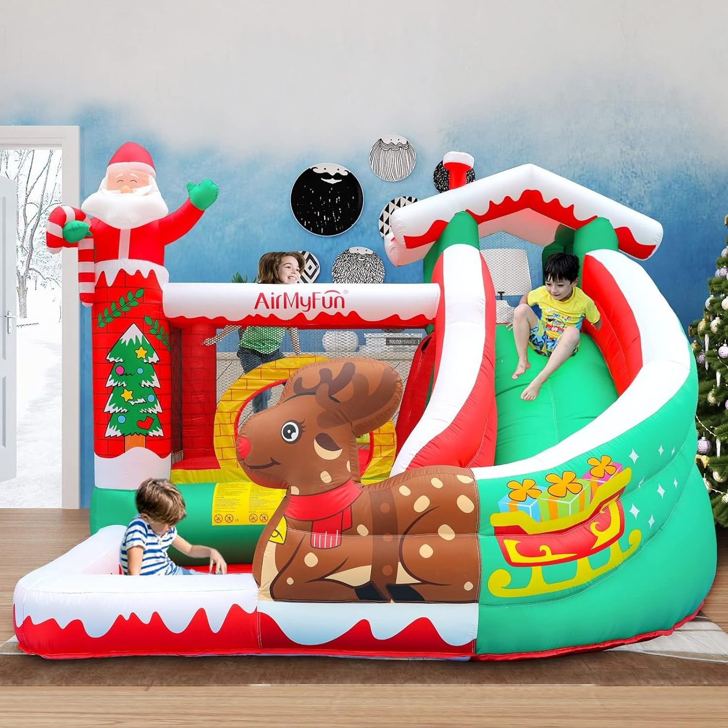 Inflatable Christmas Bounce House with slide Inflatable Santa Snow House Children's Outdoor Party with blower