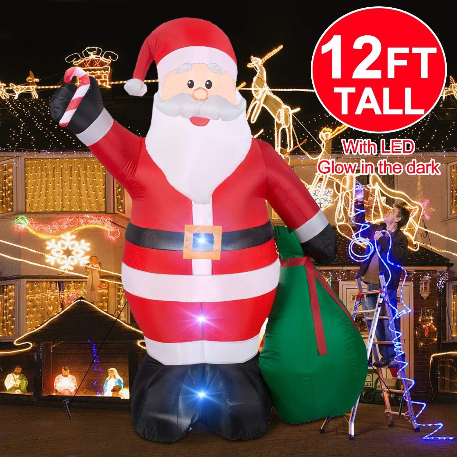 Santa Claus Carrying a Gifts Hot selling Customized Giant Inflatable Cartoon Christmas Santa LED Lights Claus Decorative