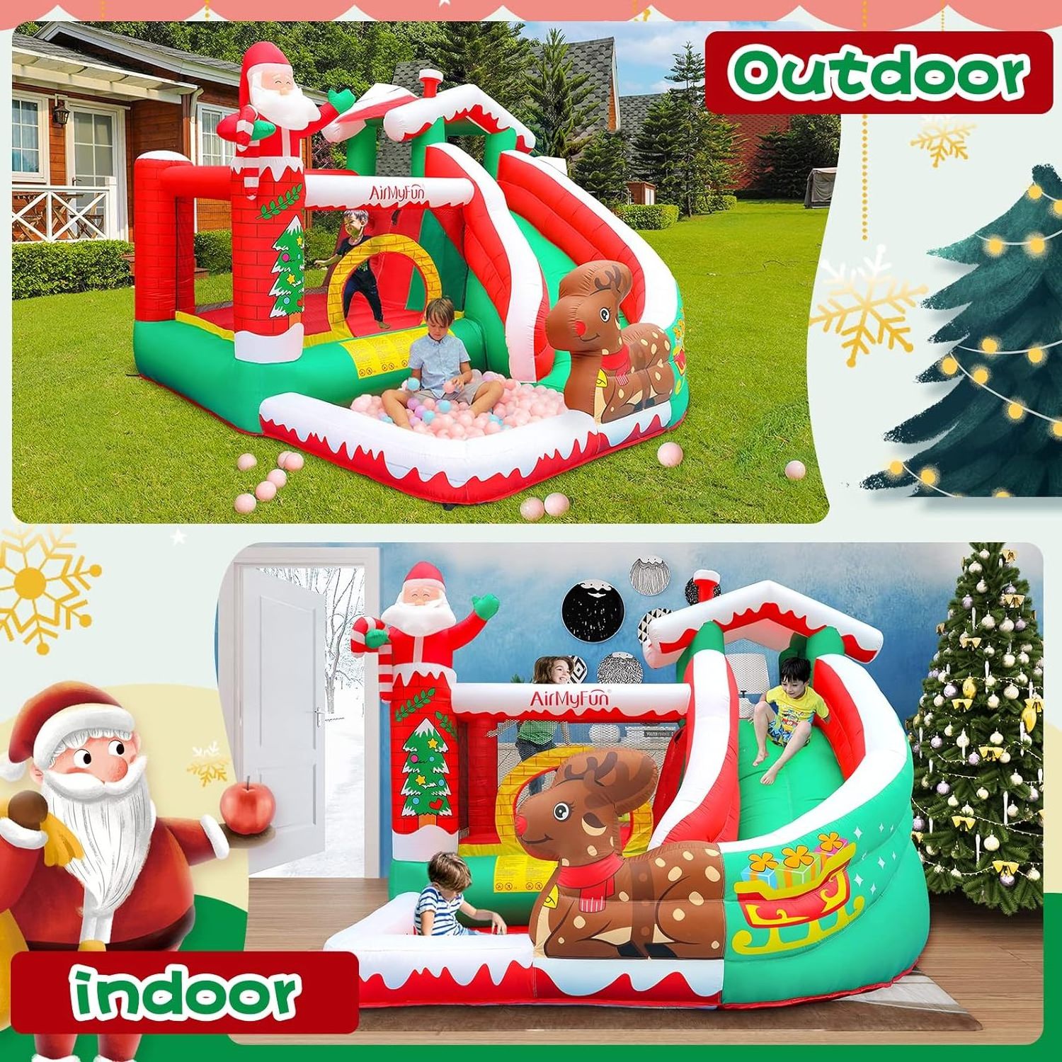 Inflatable Christmas Bounce House with slide Inflatable Santa Snow House Children's Outdoor Party with blower