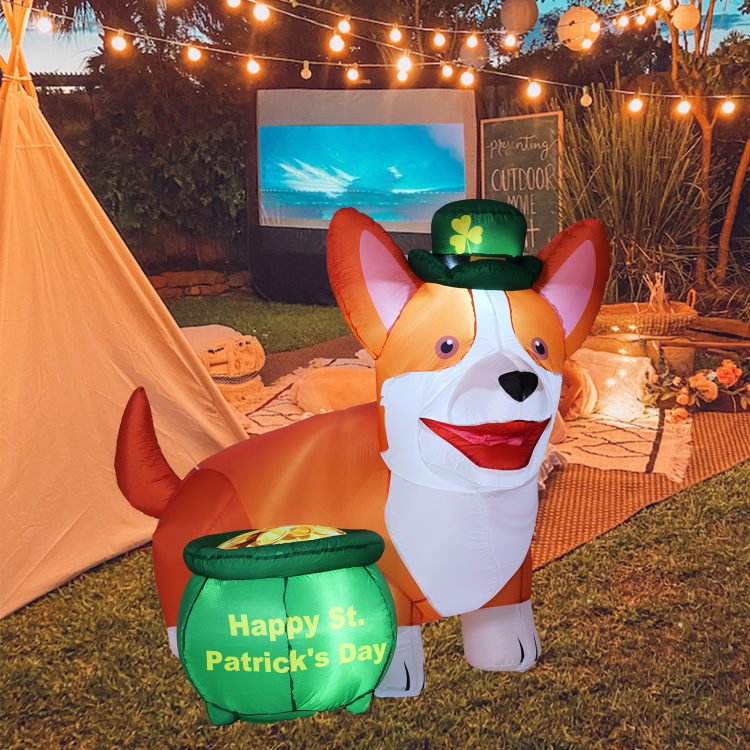 6FT St. Patrick's Day Inflatables Corgi with Gold Coin Outdoor Decoration with Bright LED Lights for Party Garden Lawn Decor