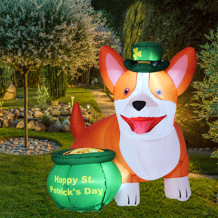 6FT St. Patrick's Day Inflatables Corgi with Gold Coin Outdoor Decoration with Bright LED Lights for Party Garden Lawn Decor