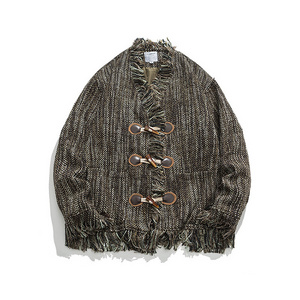 2023 Fall vintage jackets custom fringe furred Striped Coat Men's unisex trend casual stand collar multi-pocket jacket