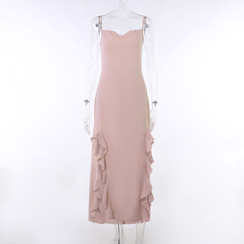 Sexy Satin Chiffon Custom Slim Fit Waist Belted Pink Lace Slit Dress