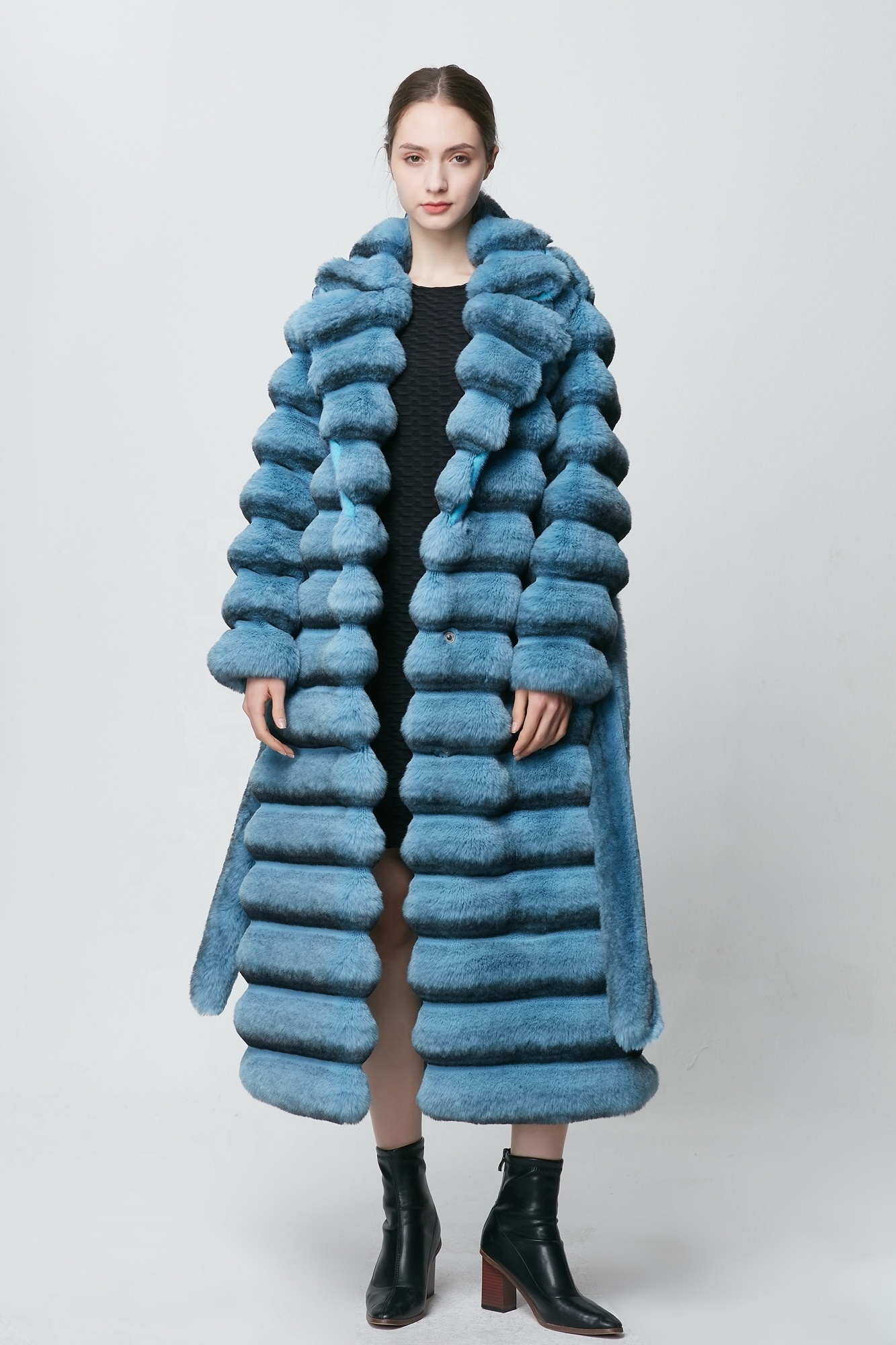 Own Brand Russia Solid Faux Fur Coat Popular Long Rabbit Chinchilla Fur Coat For Lady With Belt