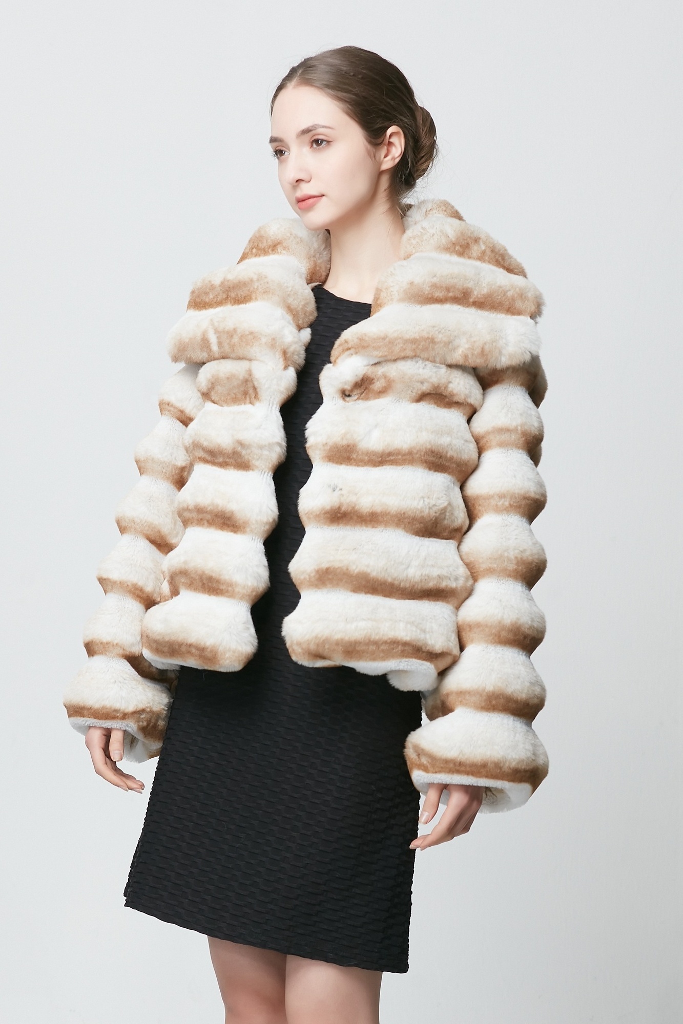 Hot Sell Style Customized Products Striped Short Faux Rabbit Fur Coat Full Sleeve Chinchilla Fur Coat