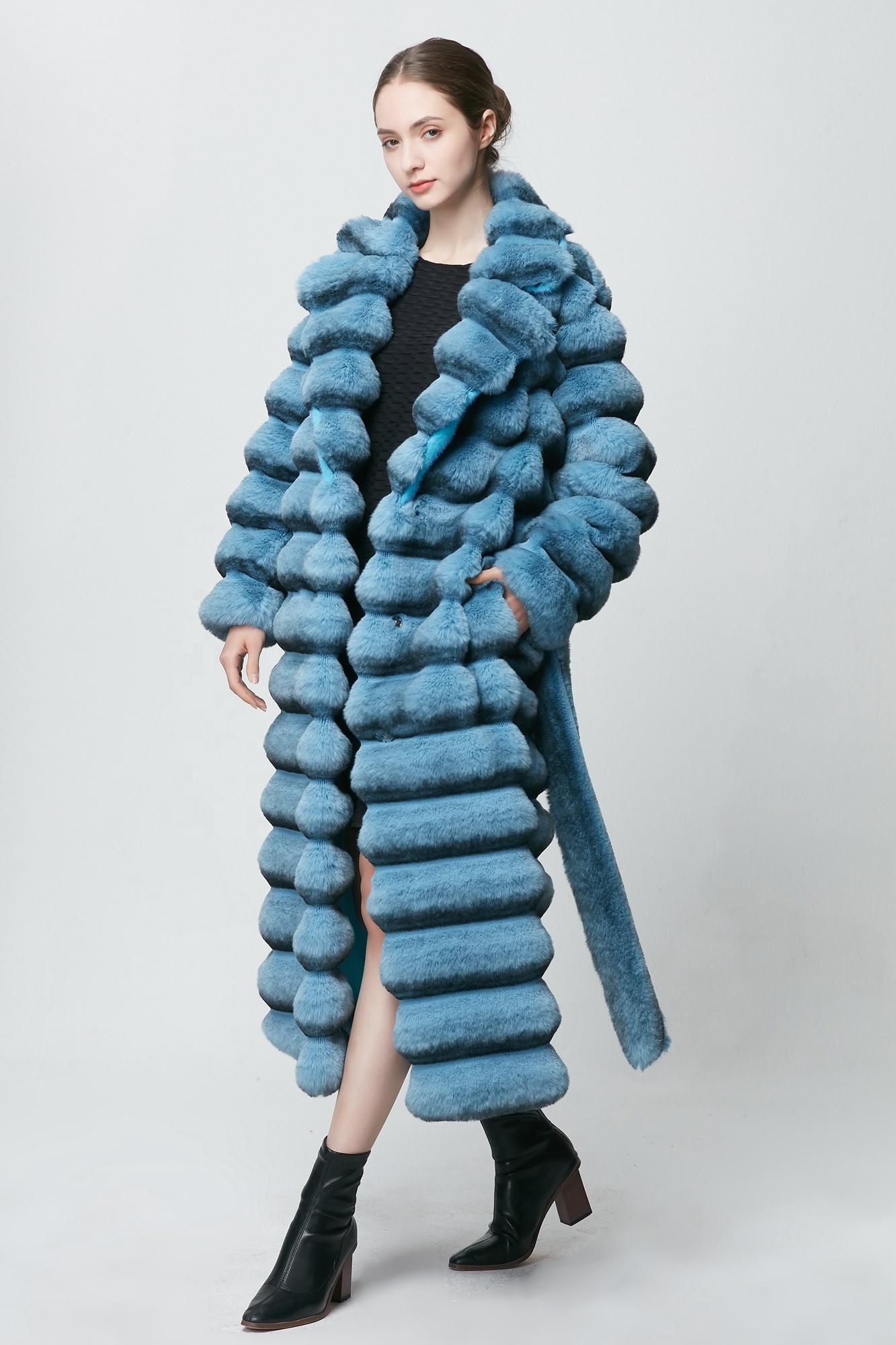 Own Brand Russia Solid Faux Fur Coat Popular Long Rabbit Chinchilla Fur Coat For Lady With Belt