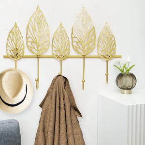 Creative Modern Key Holder 5 Gold Decorative Leaves Iron Hooks for Hallways, Bedroom Large Wall Mounted Coat Hanger