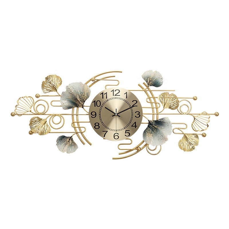 New Chinese Art Clock Living Room Home Fashion Clock Metal Light Luxury Ginkgo Leaves Wall Clock Porch Decoration