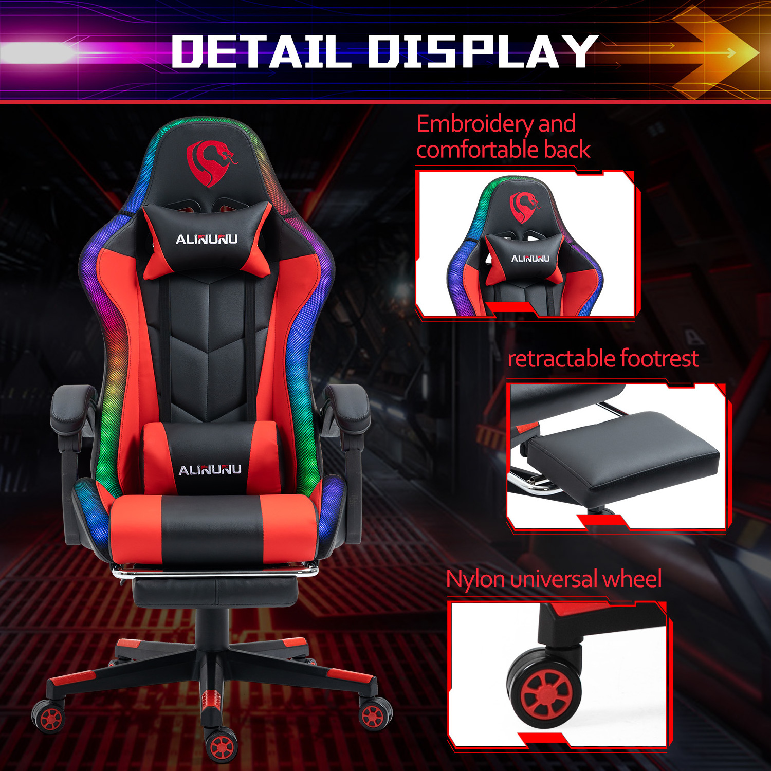 ALINUNU Factory Direct RGB Racing Computer Gaming Chair LED Game Chair with Speakers and Massage