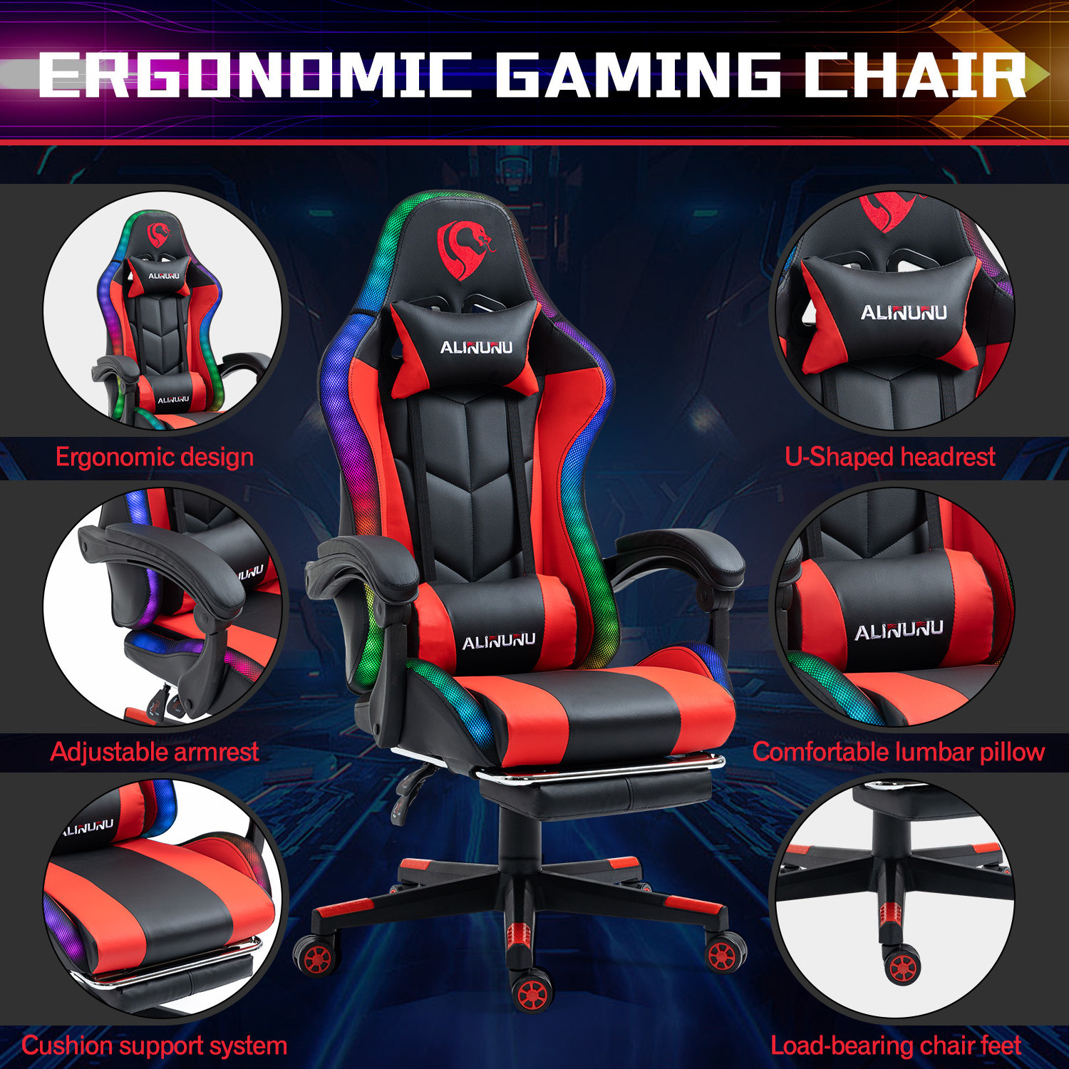 ALINUNU Factory Direct RGB Racing Computer Gaming Chair LED Game Chair with Speakers and Massage