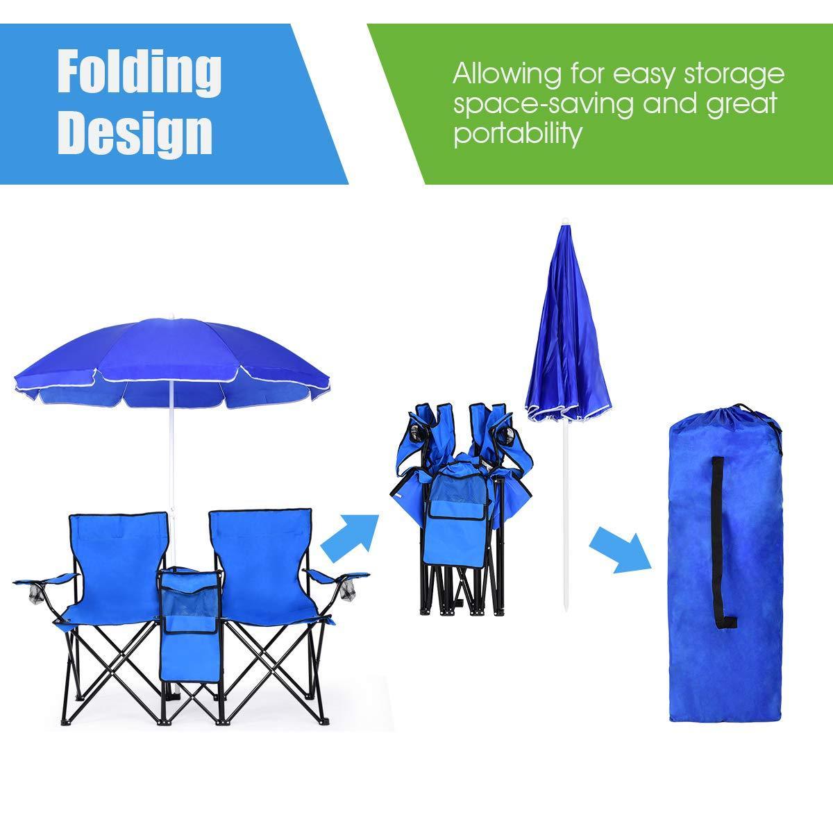 Hot Folding Picnic Chair, Double Outdoor Beach Chairs with Umbrella and Mini Table, Easy to Carry and Storage