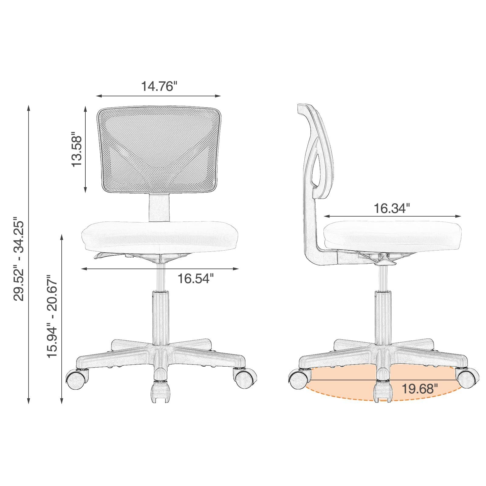 Low-Back Mesh Chair Task Chair Swivel Rolling Chair No Arms for Small Space with Lumbar Support