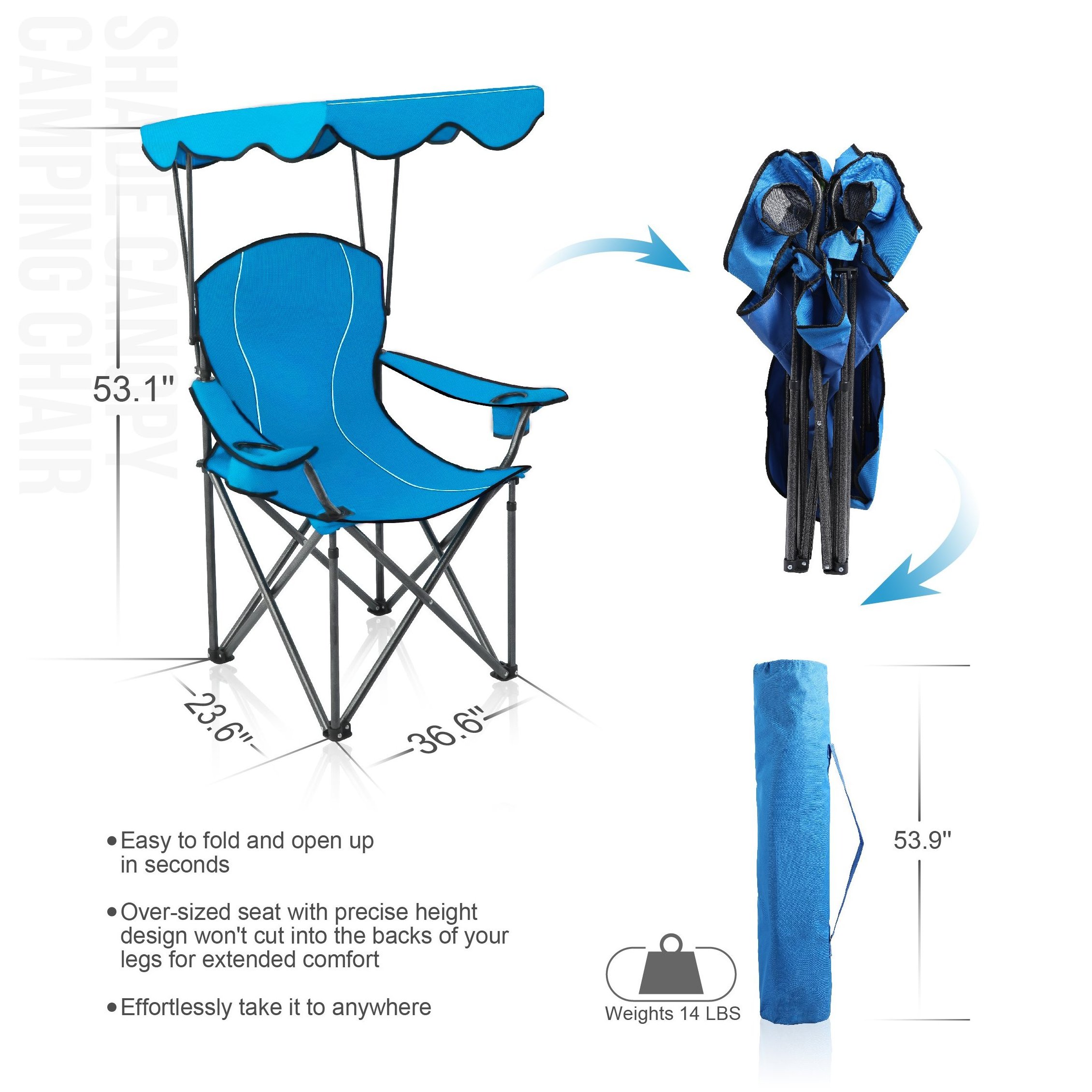 Camp Chairs with Shade Canopy Chair Lawn Chair Folding Camping Recliner Support 350 LBS