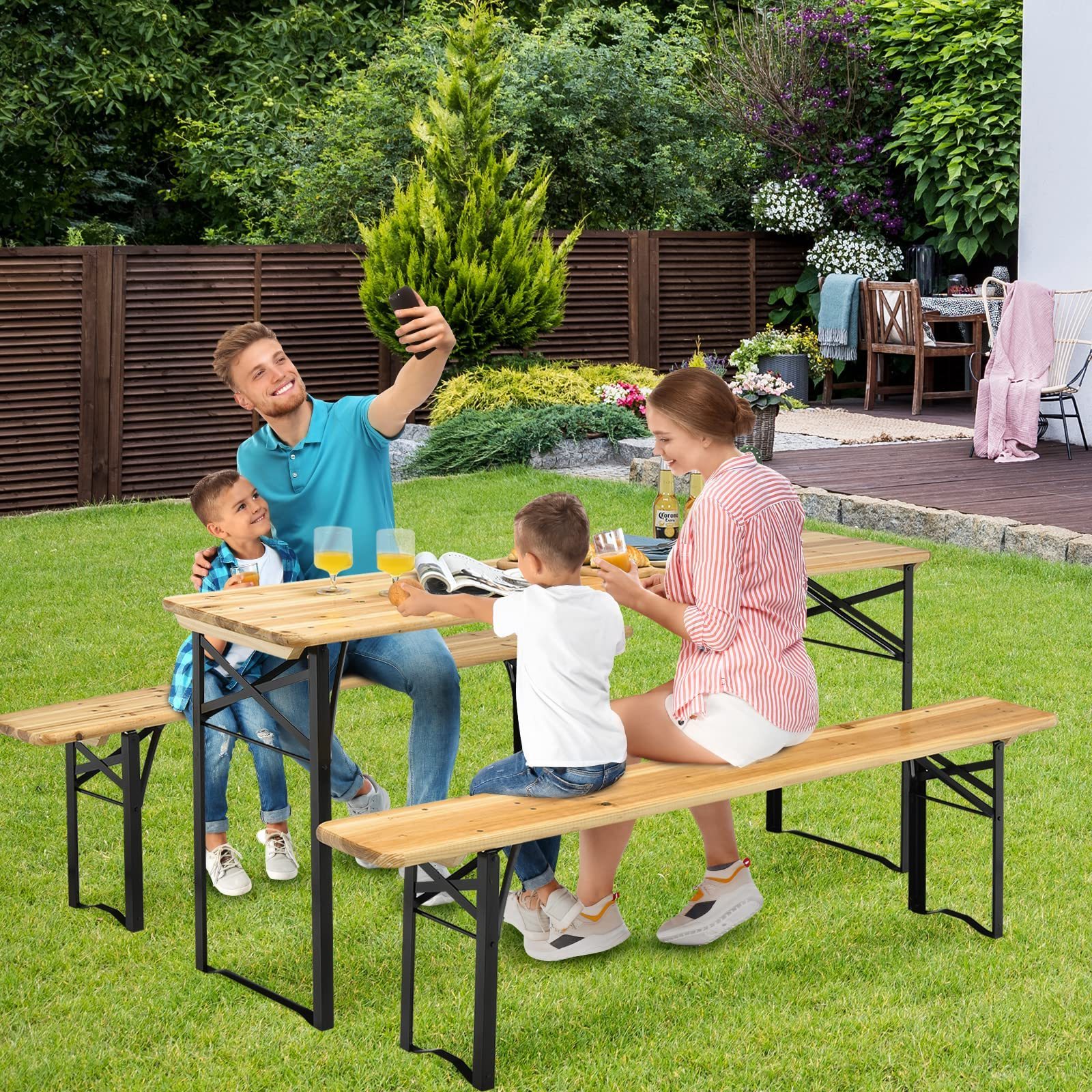 Wholesale Price Foldable Picnic Table with Benches, Plastic Folding Long Party Table and Chairs for Events