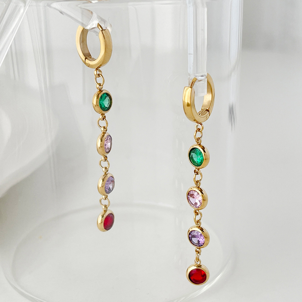 Women Elegant Fashion Jewelry 18K Gold Plated Stainless Steel Hoop with Zircon Long Earrings