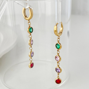 Women Elegant Fashion Jewelry 18K Gold Plated Stainless Steel Hoop with Zircon Long Earrings